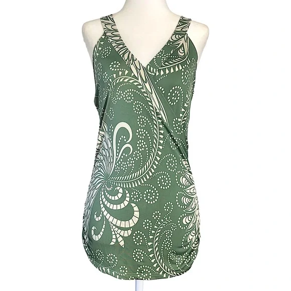 Y2K Vintage Paisley Swirl Draped Cowl Ruched Sage Green Wrap Tank Top Medium - Picture 1 of 10